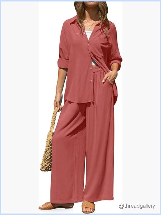 Pants - Women's Linen 2 Piece Lounge Set - Button Down Shirt & Wide Leg Pants